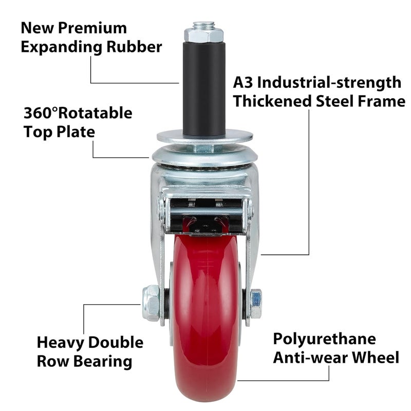 Finnhomy 4 Inch Prep Table Caster Wheels Set of 4 Heavy duty Expanding Stem Casters Fit 7/8", 1", 1-1/2" and 1-5/8" Tube Leg with Brake for Stainless Steel Furniture Legs, Worktable, Kitchen Workbench - Image 2